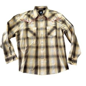 Resistol University Mens Brown Plaid Western Pearl Snap Shirt Embroidered Yoke M